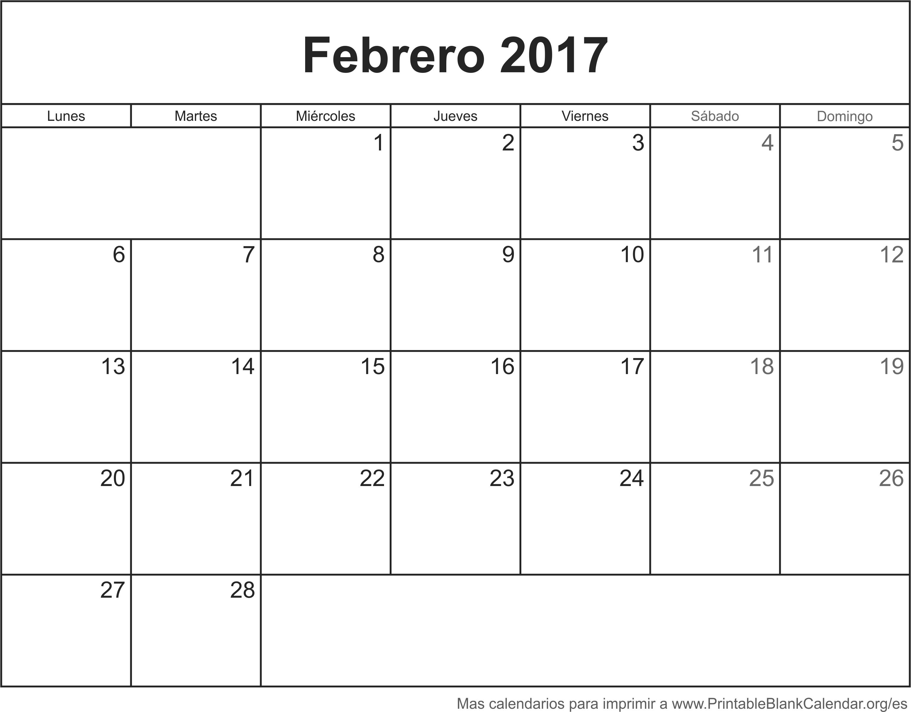 calendario febrero 2017