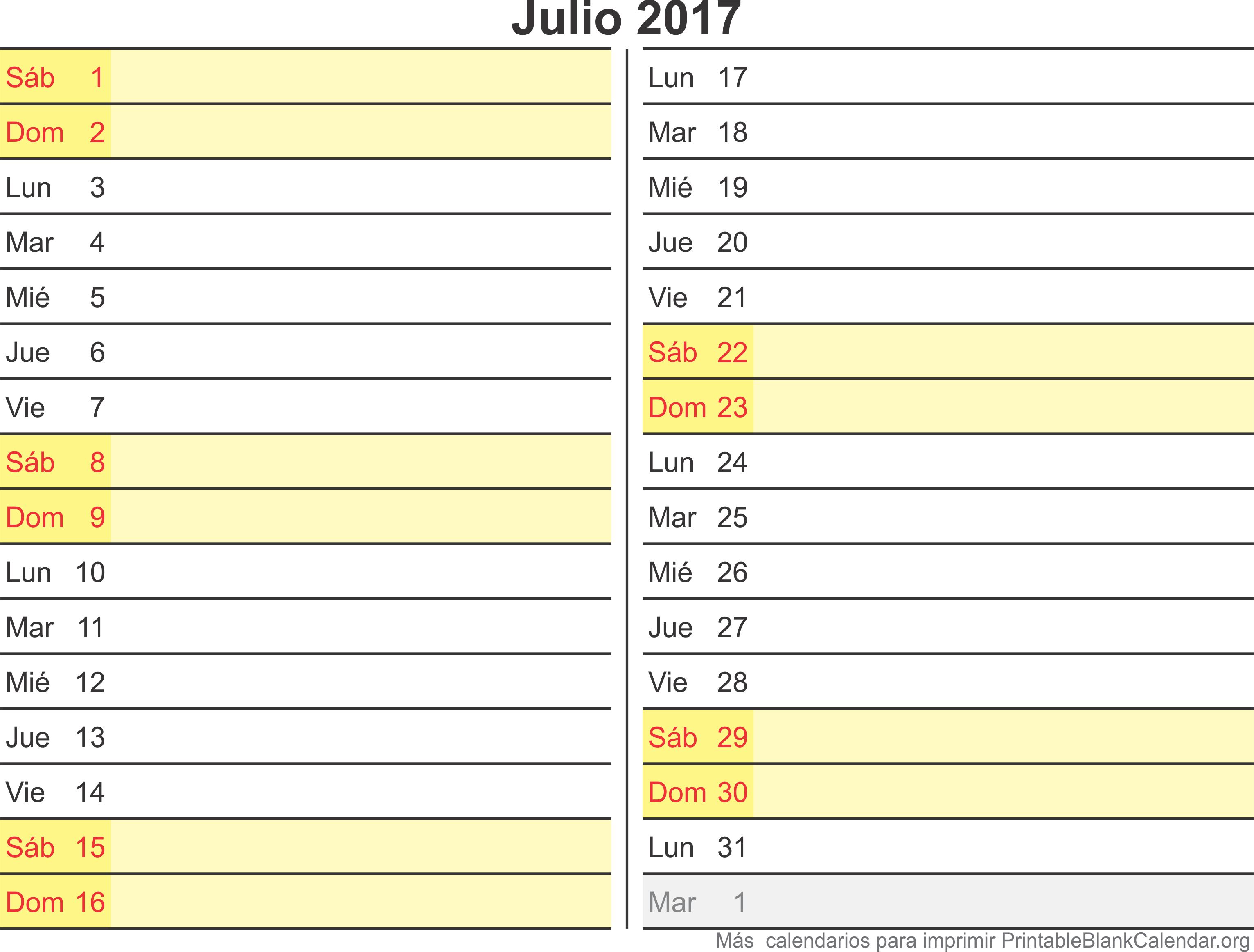imprimir calendario julio 2017