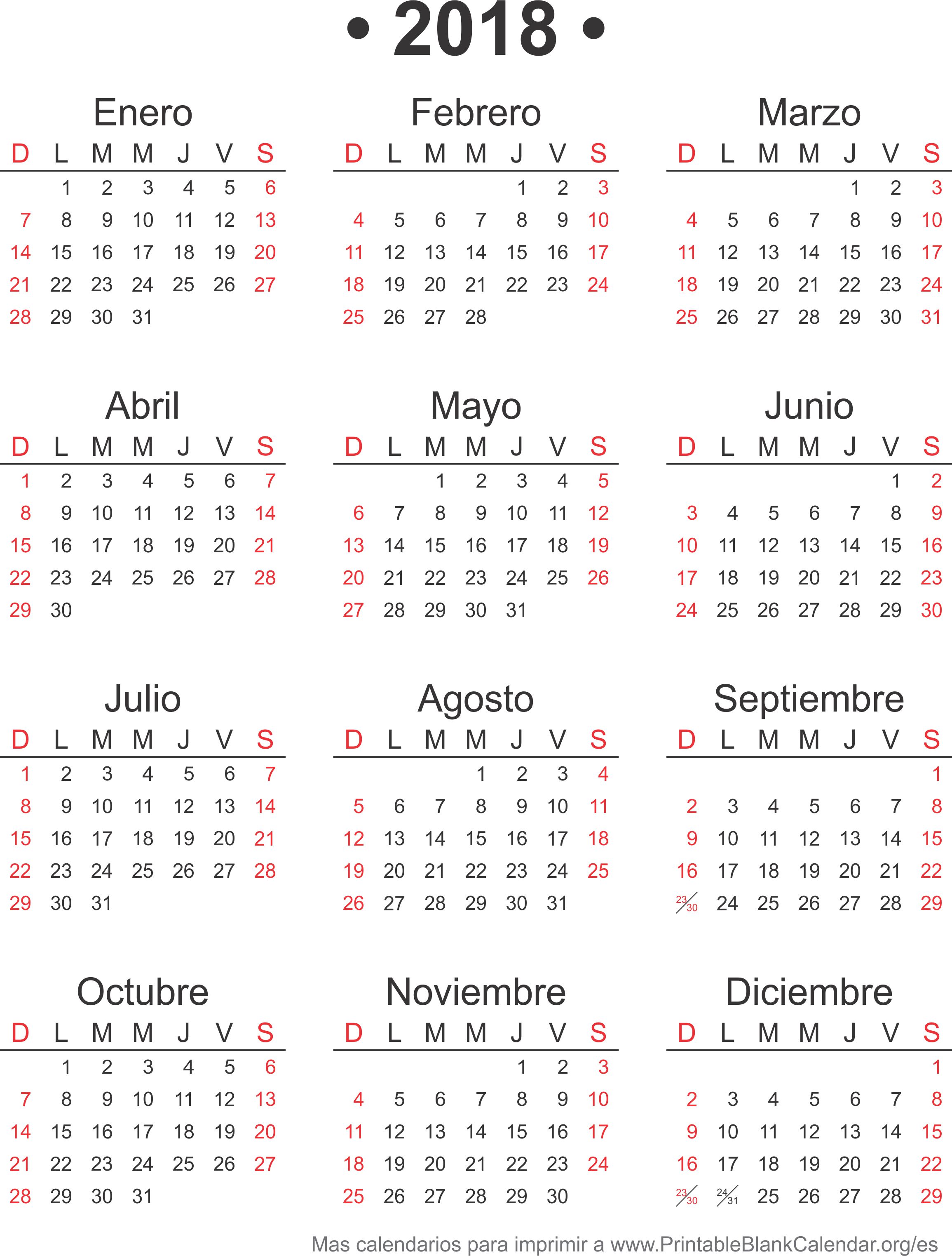 2018 calendario para imprimir