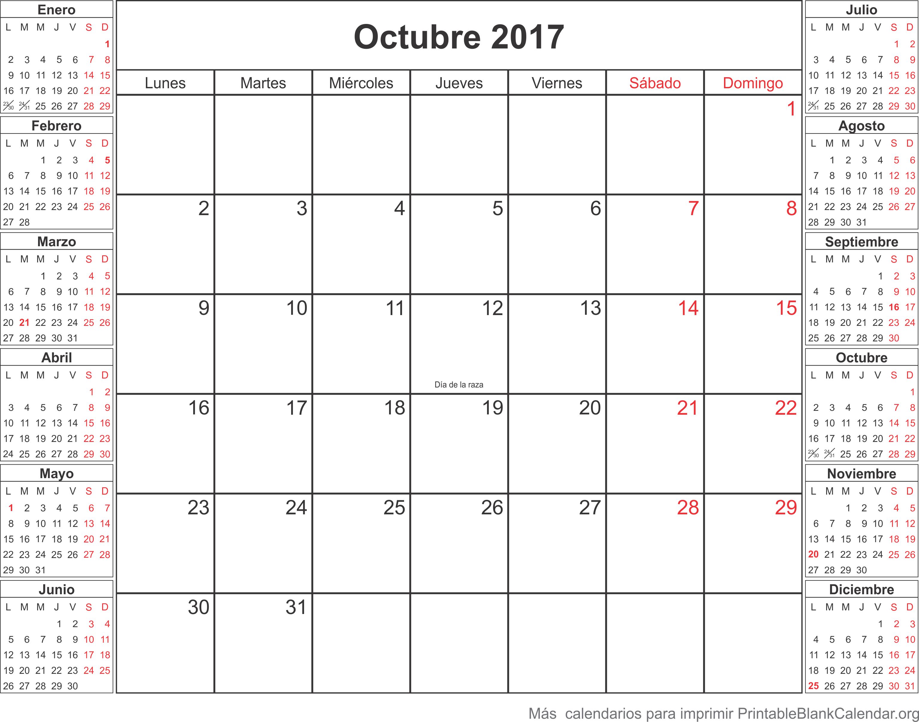 imprimir calendario octubre 2017