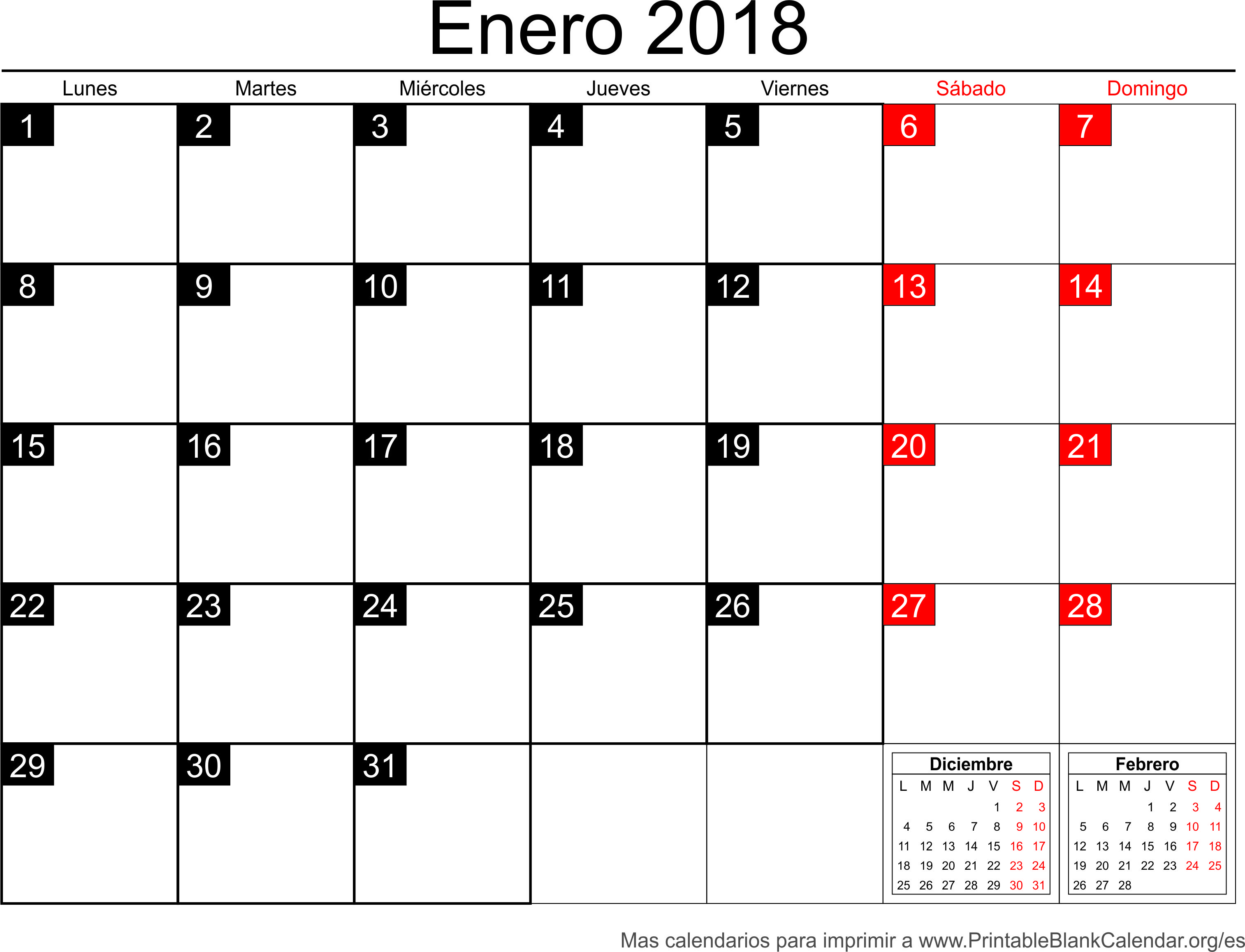 calendario ener 2018 para imprimir
