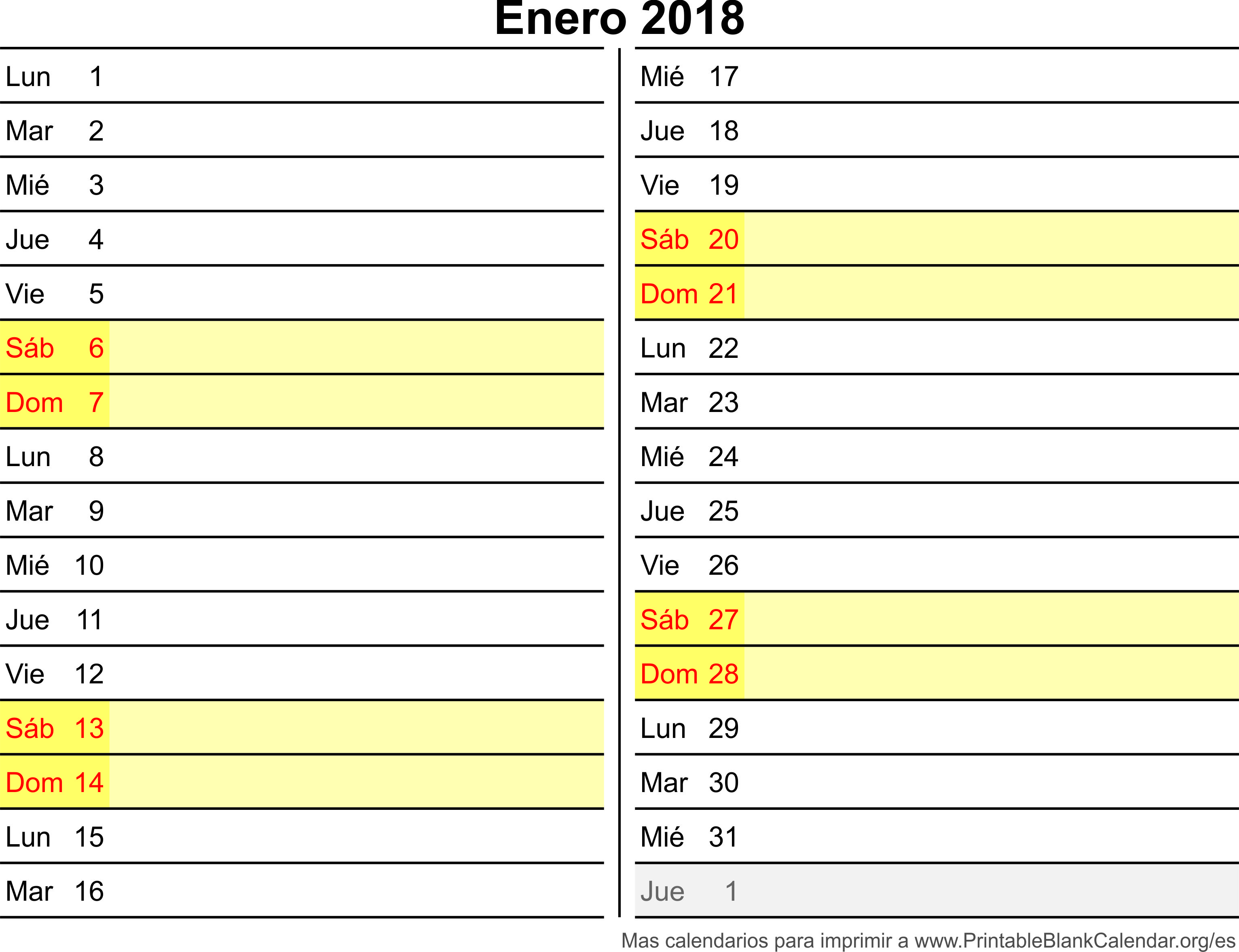 calendario para imprimir ener 2018
