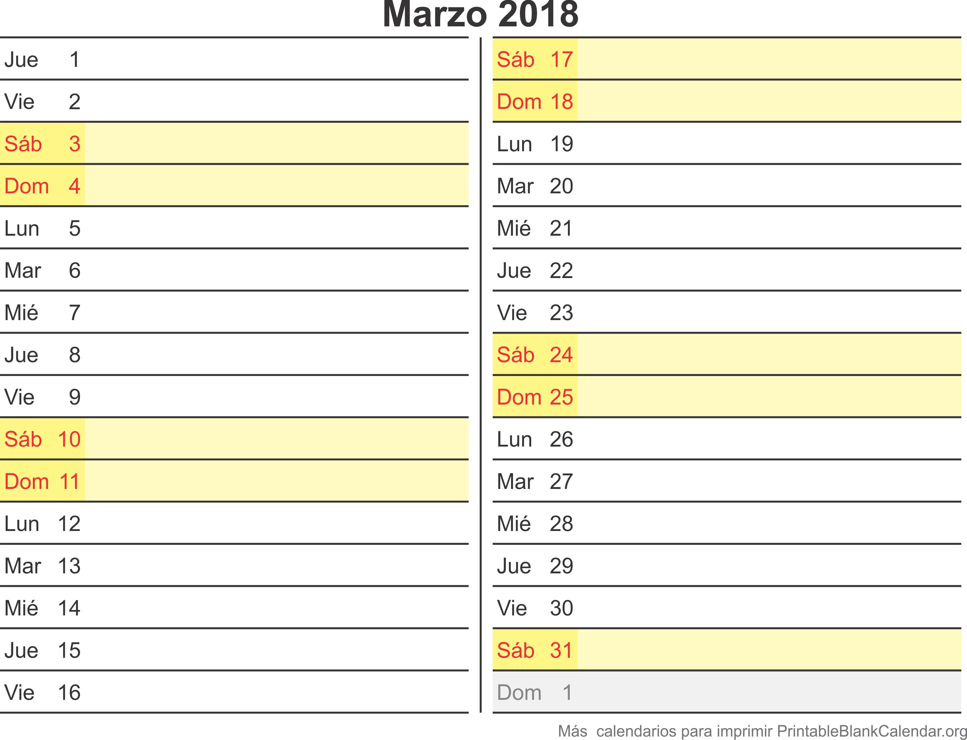 calendario para imprimir mar 2018