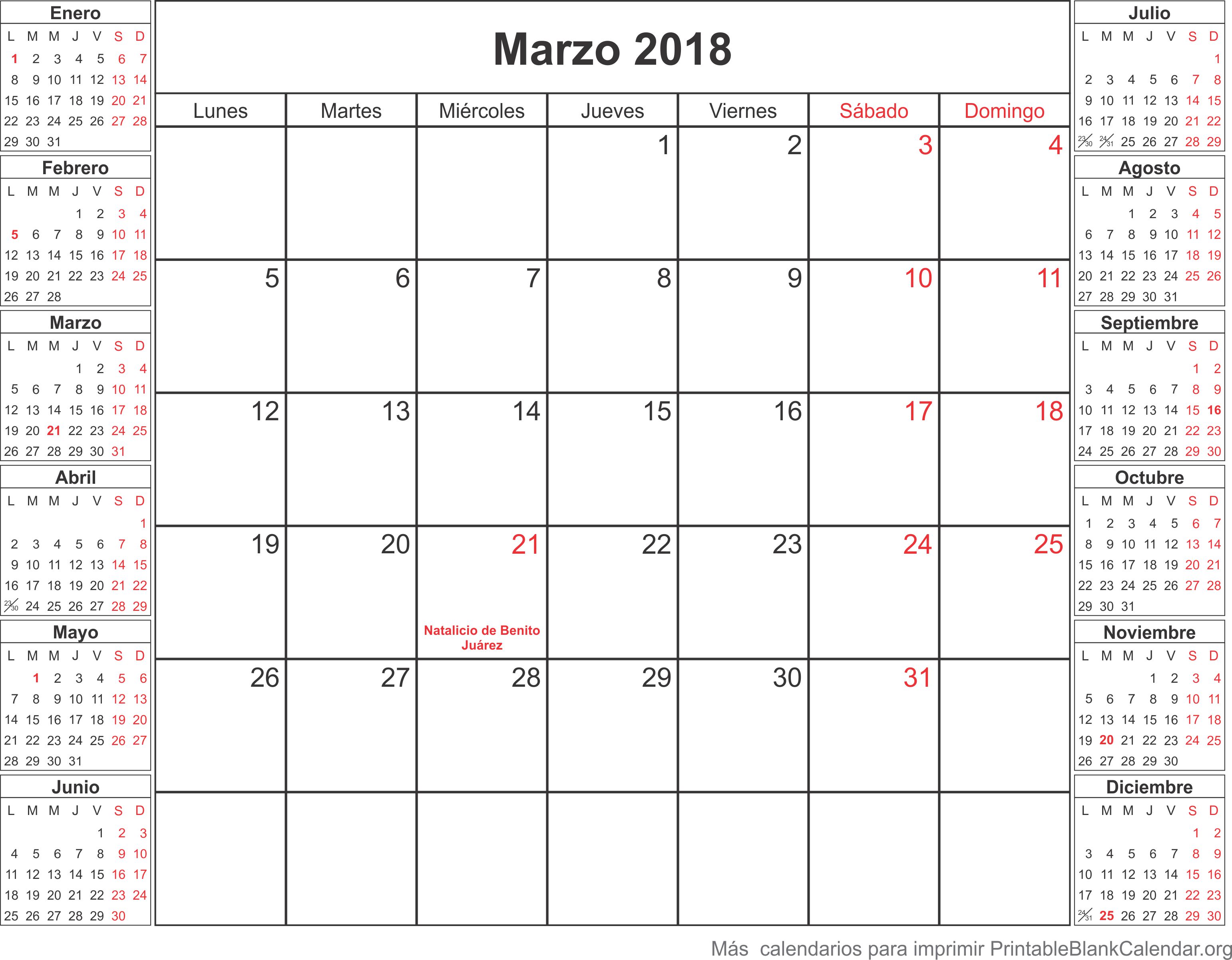 calendario para imprimir marzo 2018