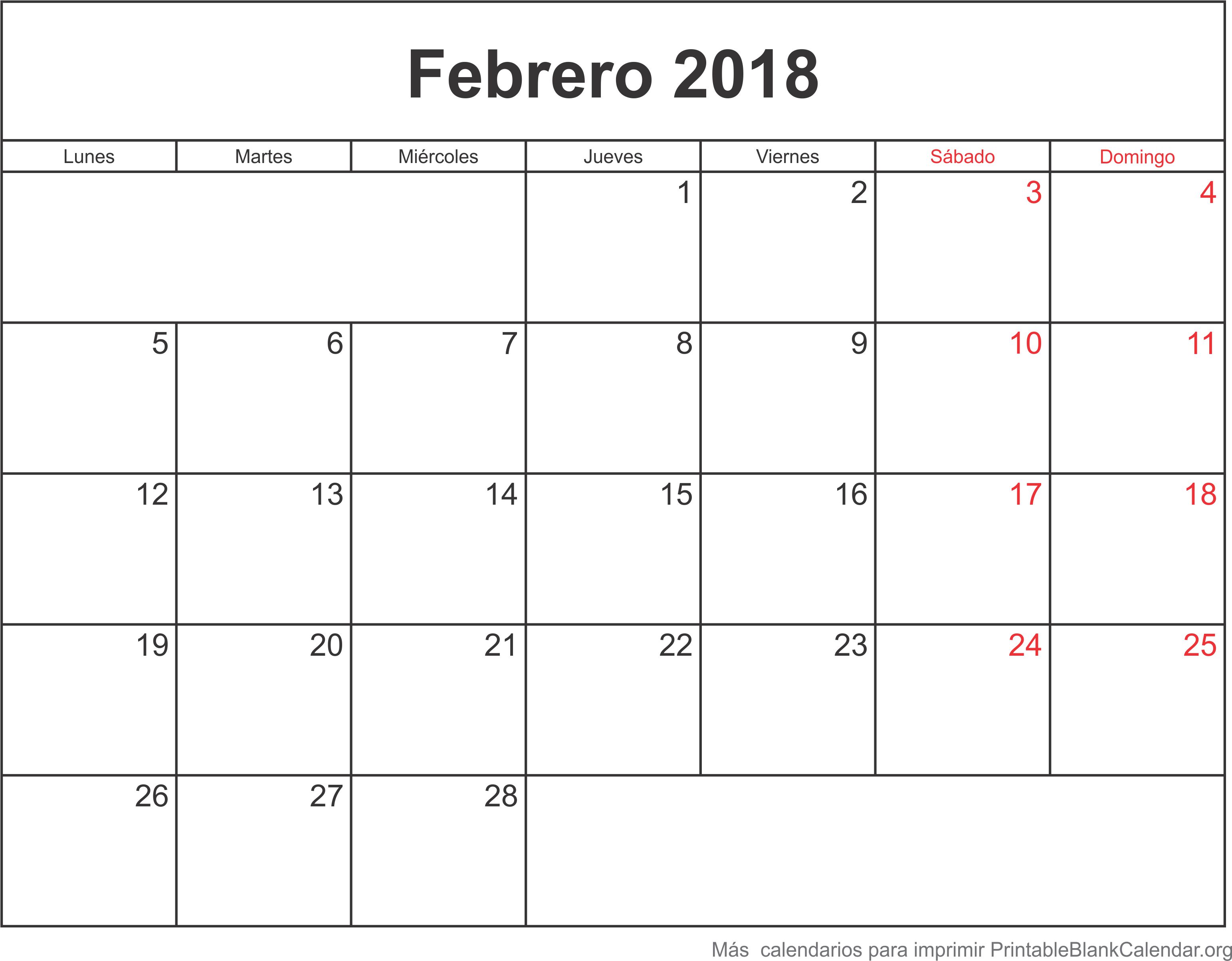 febrero 2018 calendario