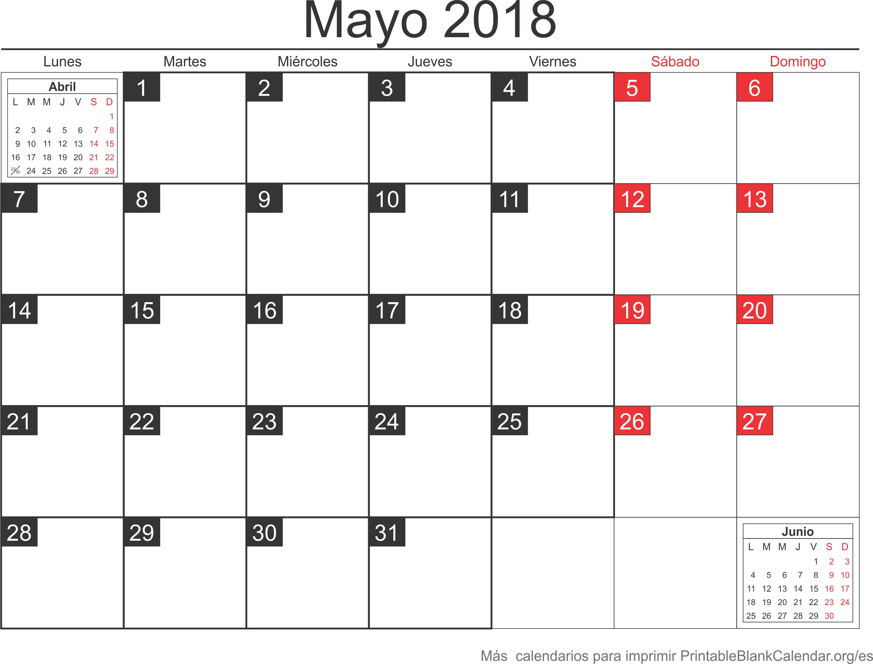 calendario may 2018 para imprimir