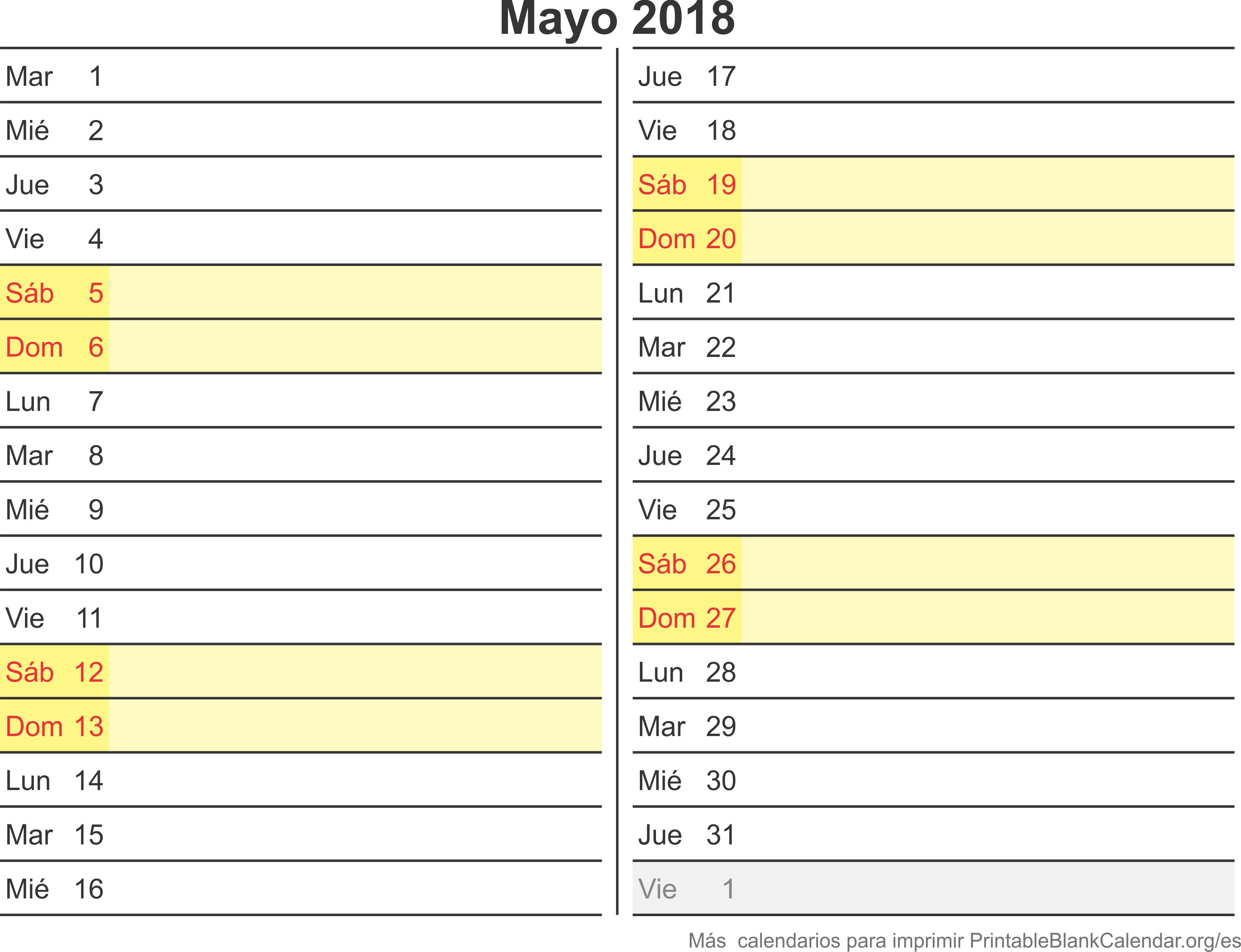 calendario para imprimir may 2018