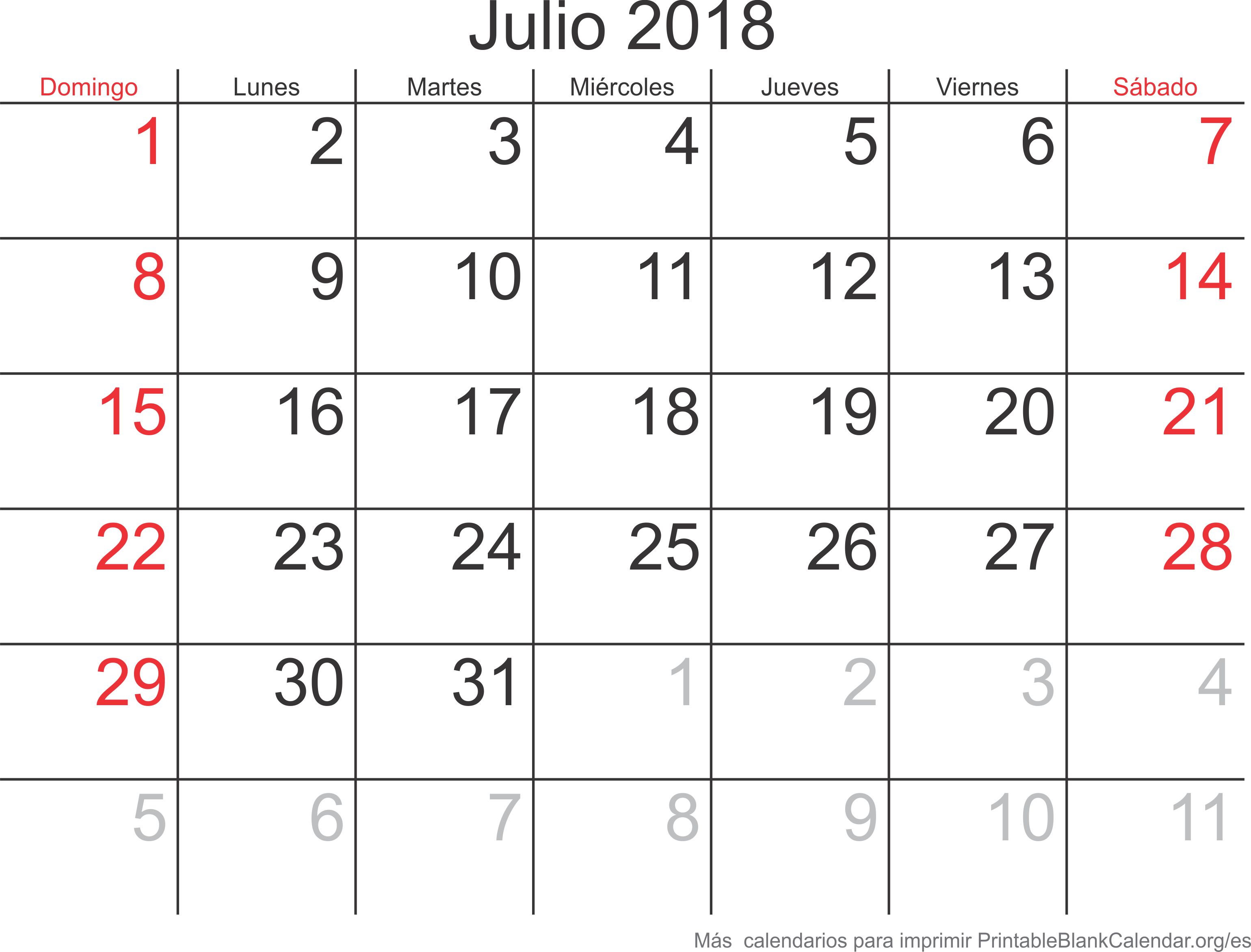 jul 2018 calendario