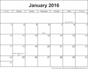 January 2016 printable calendar template