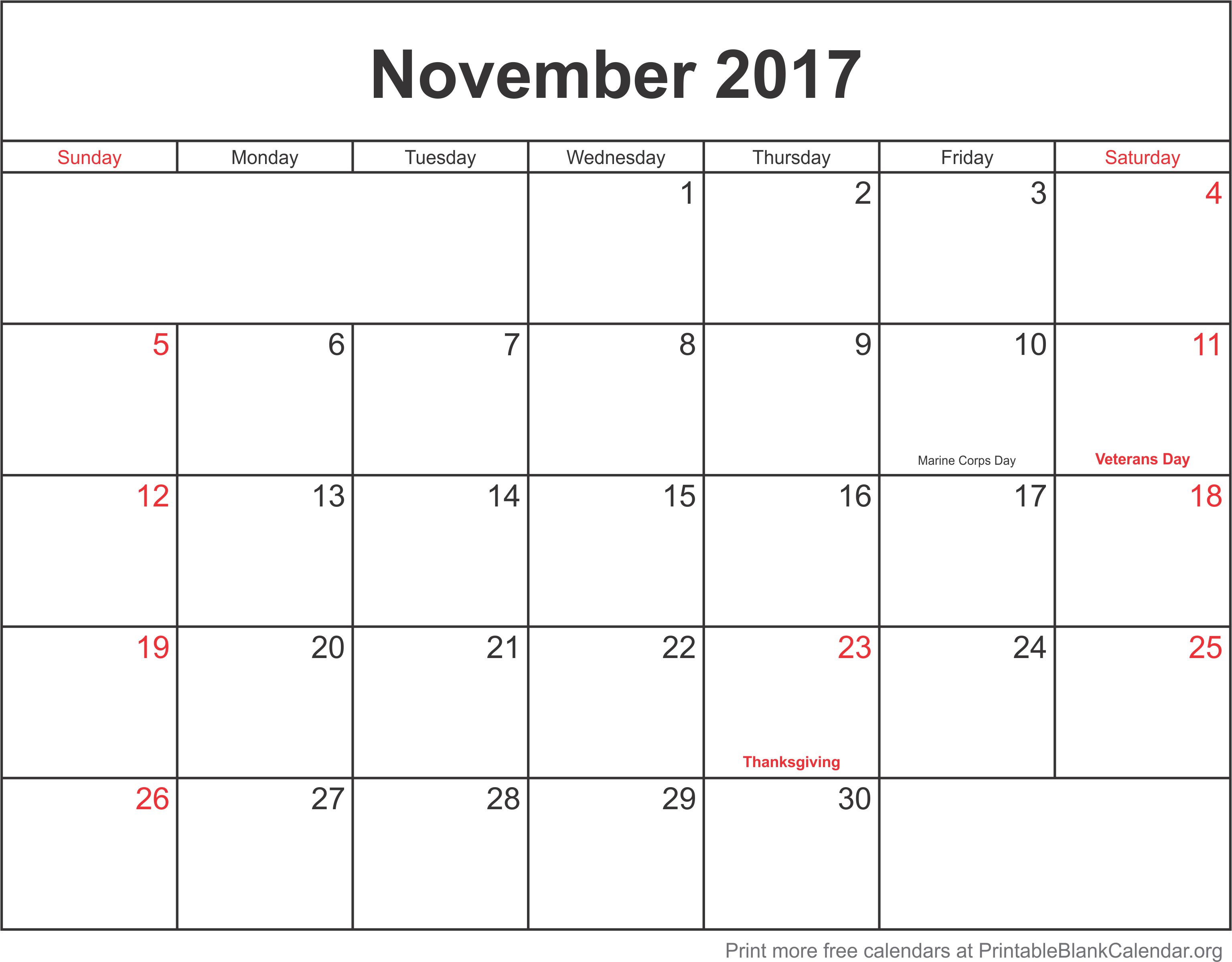 november calendar for 2017 printable