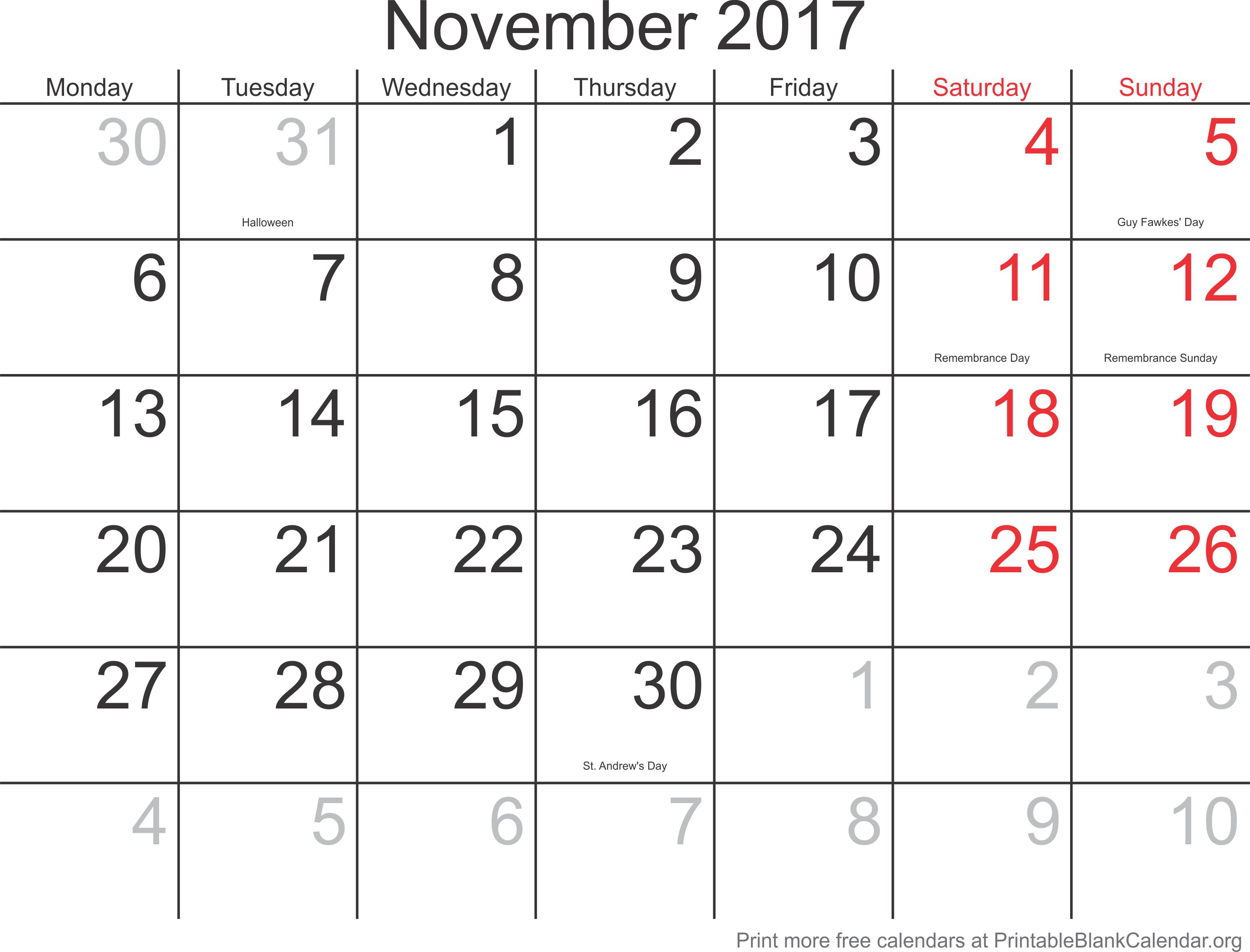 november calendar for 2017 printable