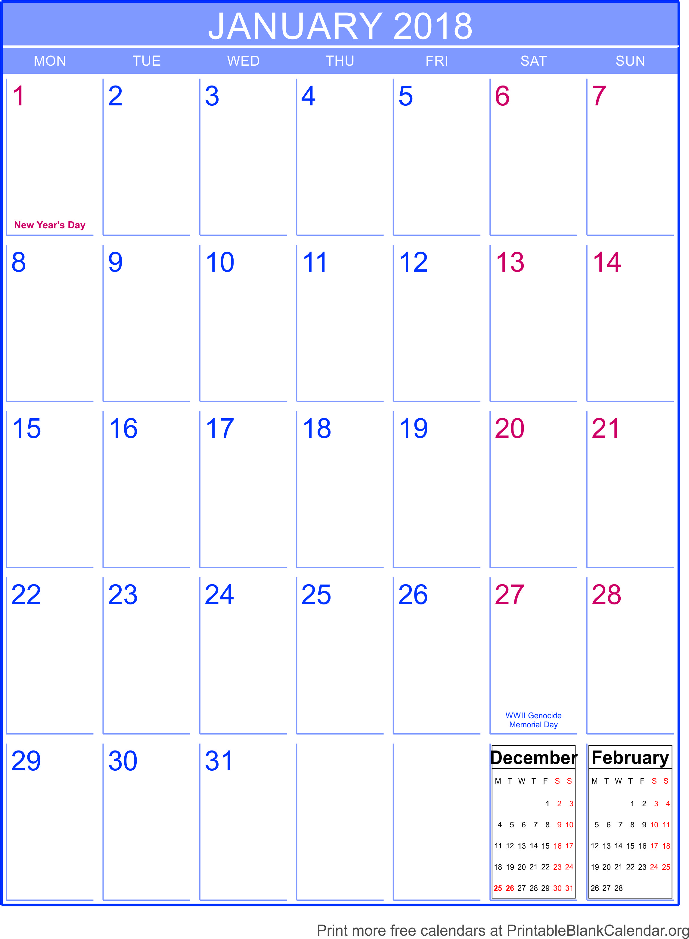 January 2018 Printable Blank Calendar Printable Blank Calendar Org