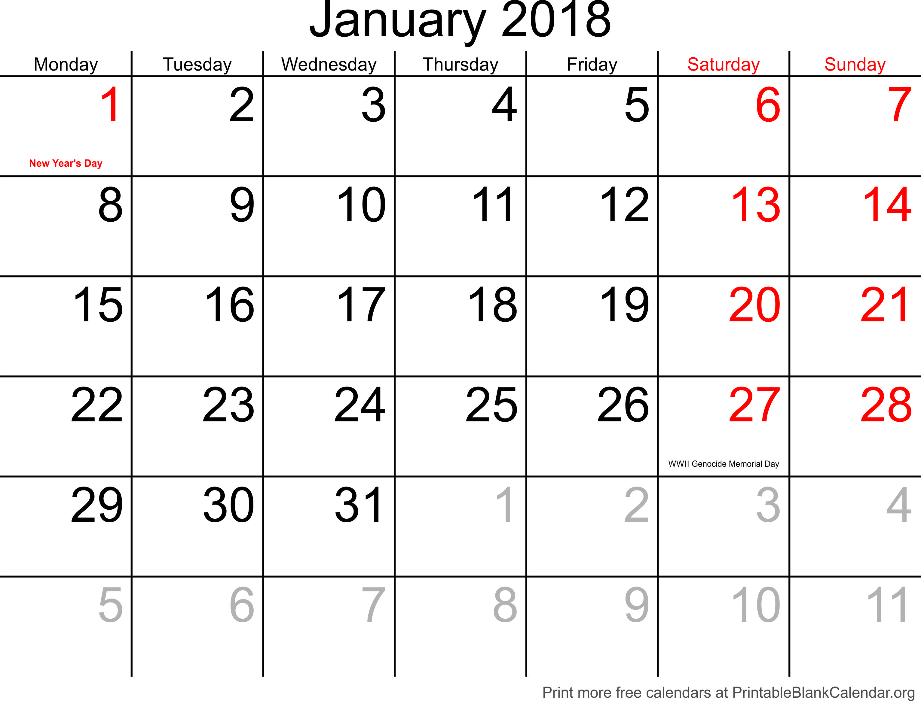 Printable Calendar January 2018 Printable Blank Calendar Org