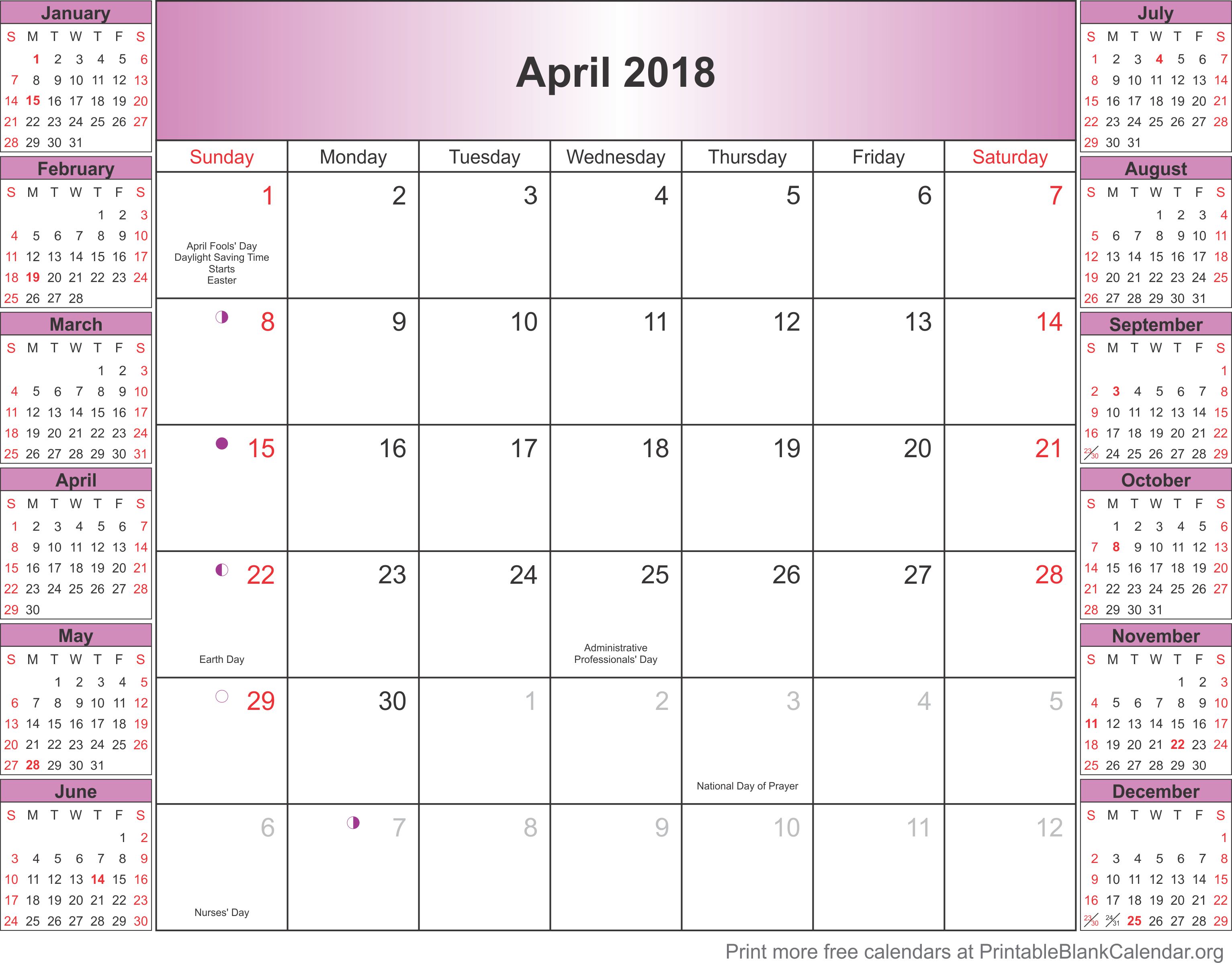 April 2018 calendar with holidays Printable Blank Calendar org