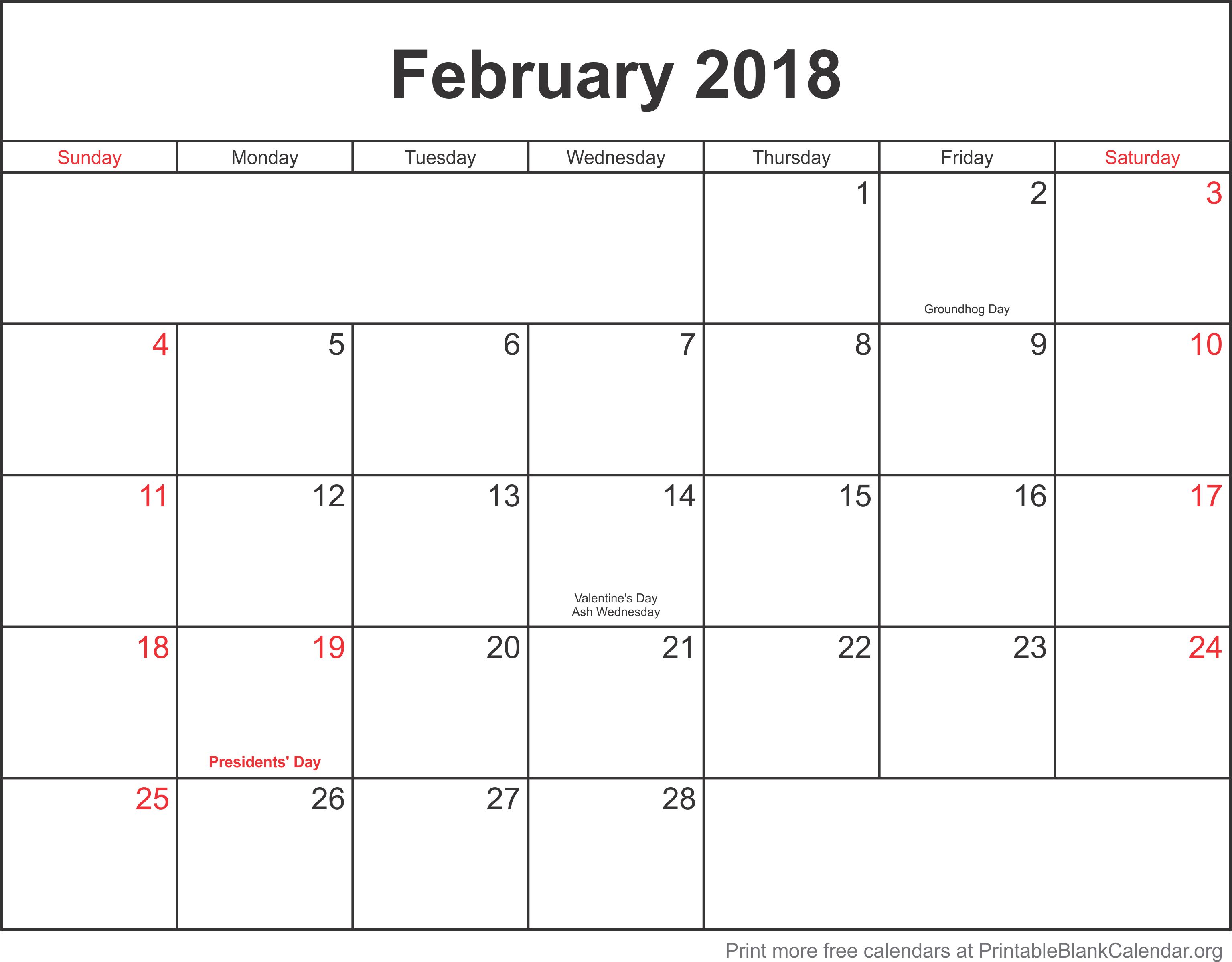 Free Calendar February 2018 Printable Blank Calendar Org