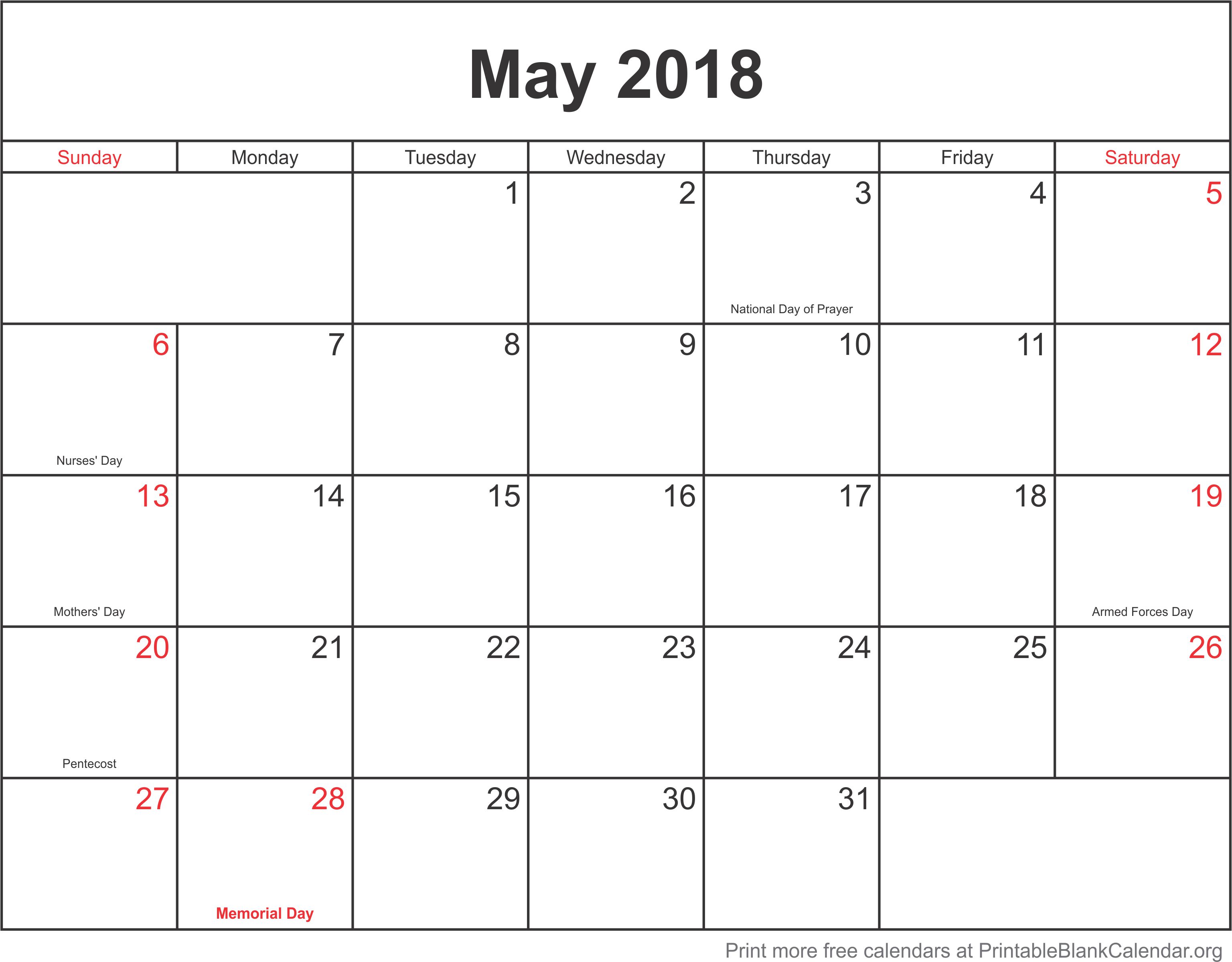 May 2018 Printable Calendar Template Printable Blank Calendar Org